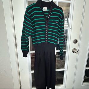 Vintage Navy Blue and Green Striped Sweater Dress Size Large